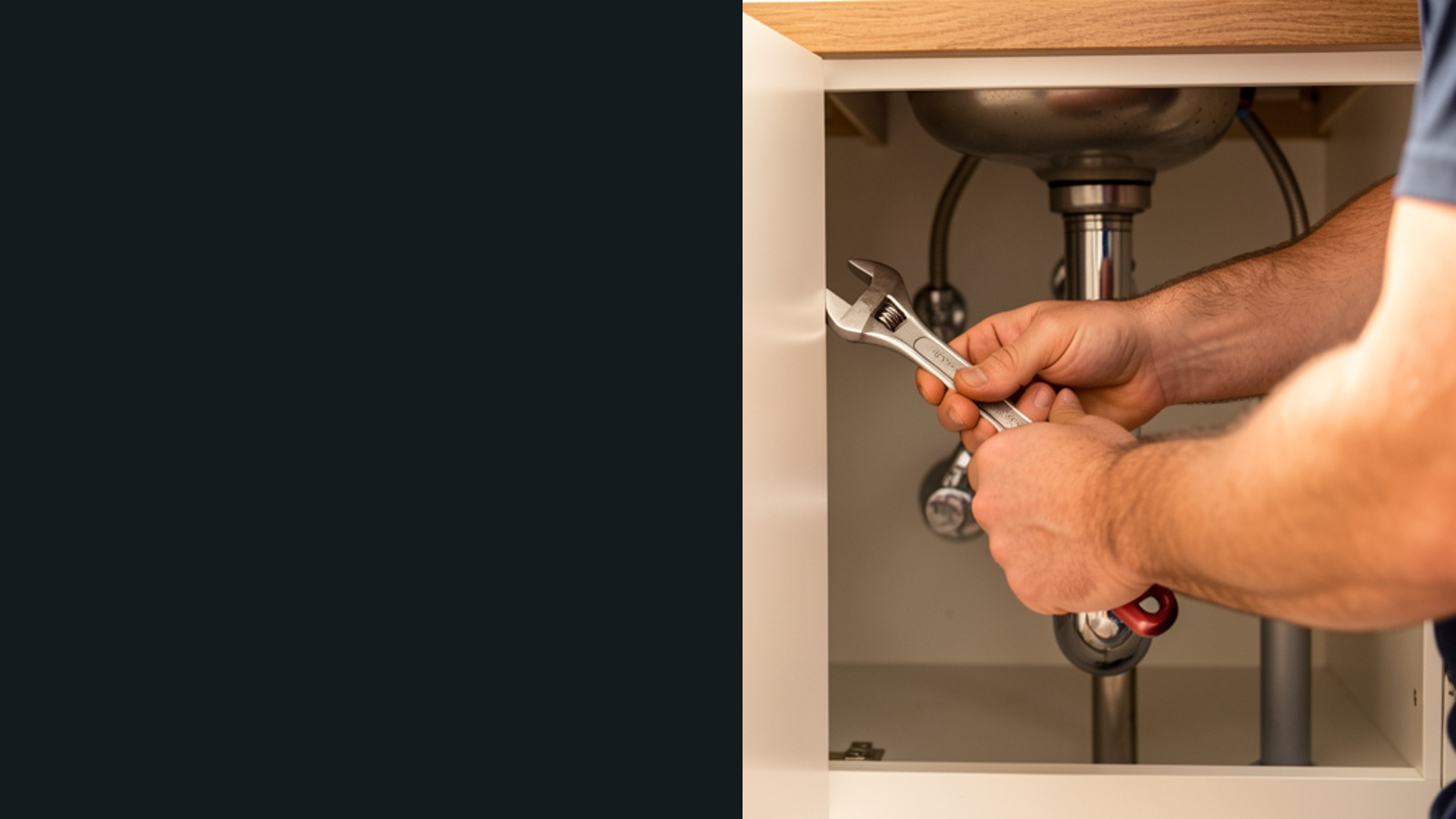 A plumber working under a sink with a wrench
